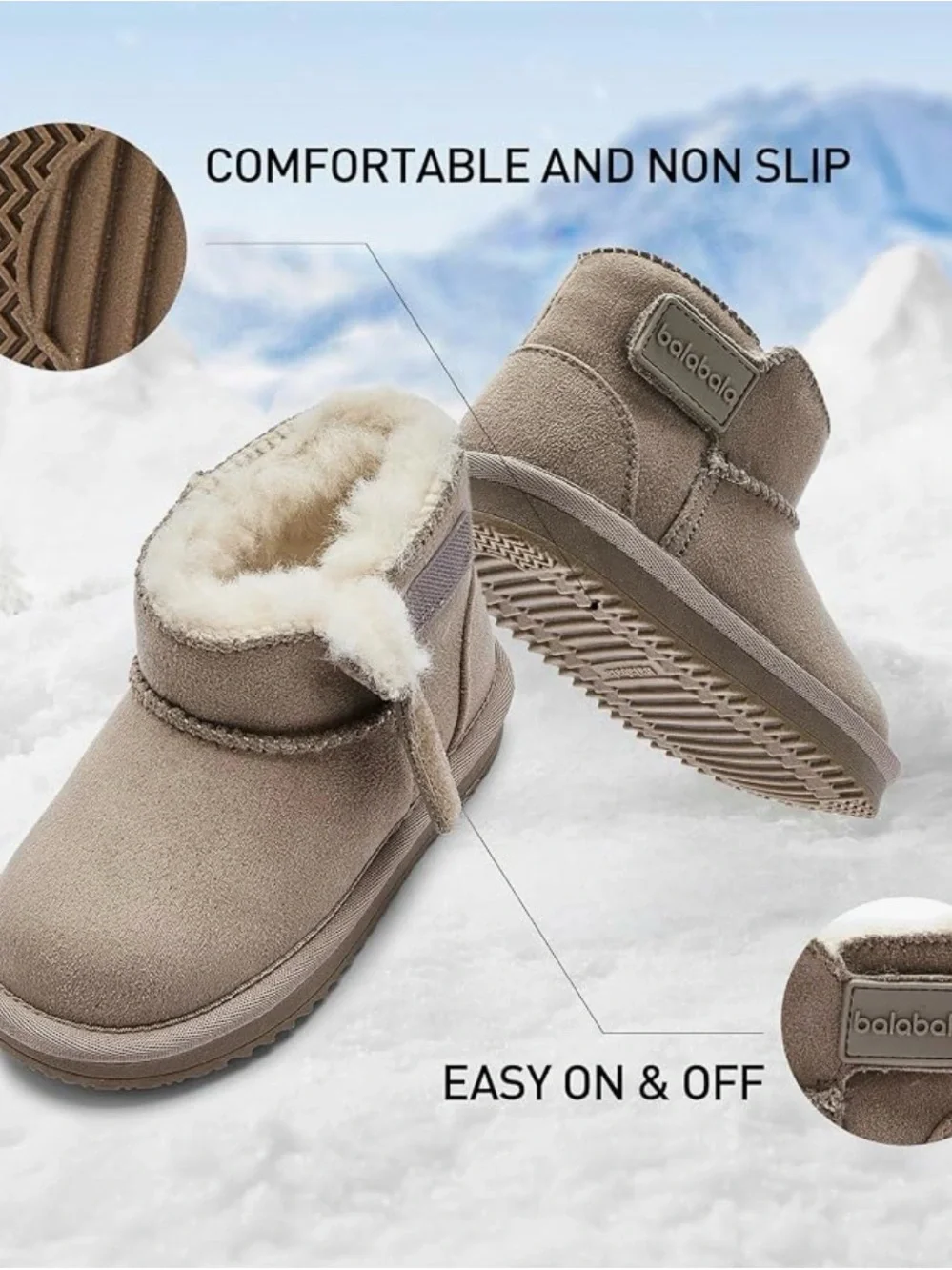 Balabala Kids Snow Boots Winter Boots  Cloud-Lined Suede Slip-On Bootie in Taupe